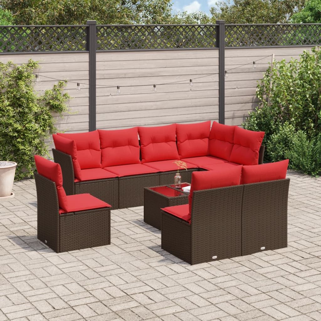 9 Piece Garden Sofa Set with Cushions Brown Poly Rattan