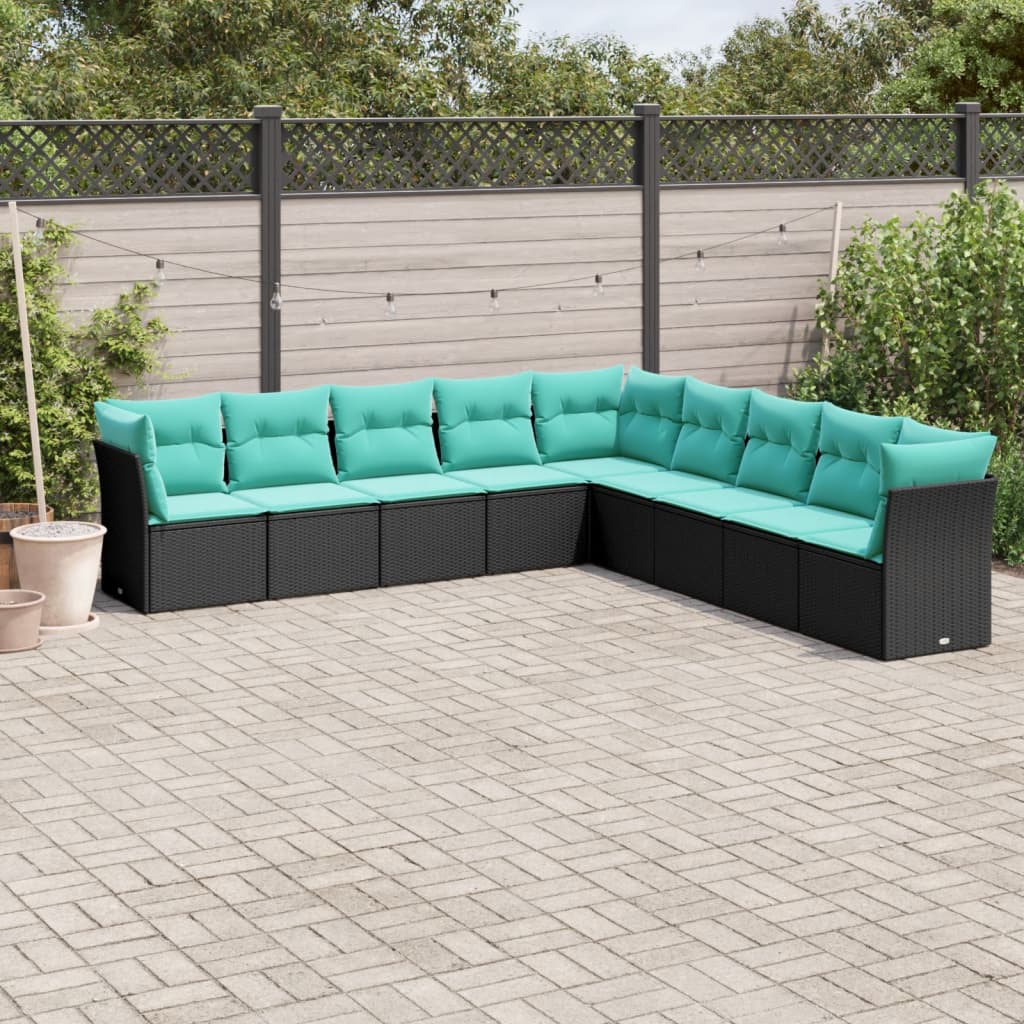 9 Piece Garden Sofa Set with Cushions Black Poly Rattan
