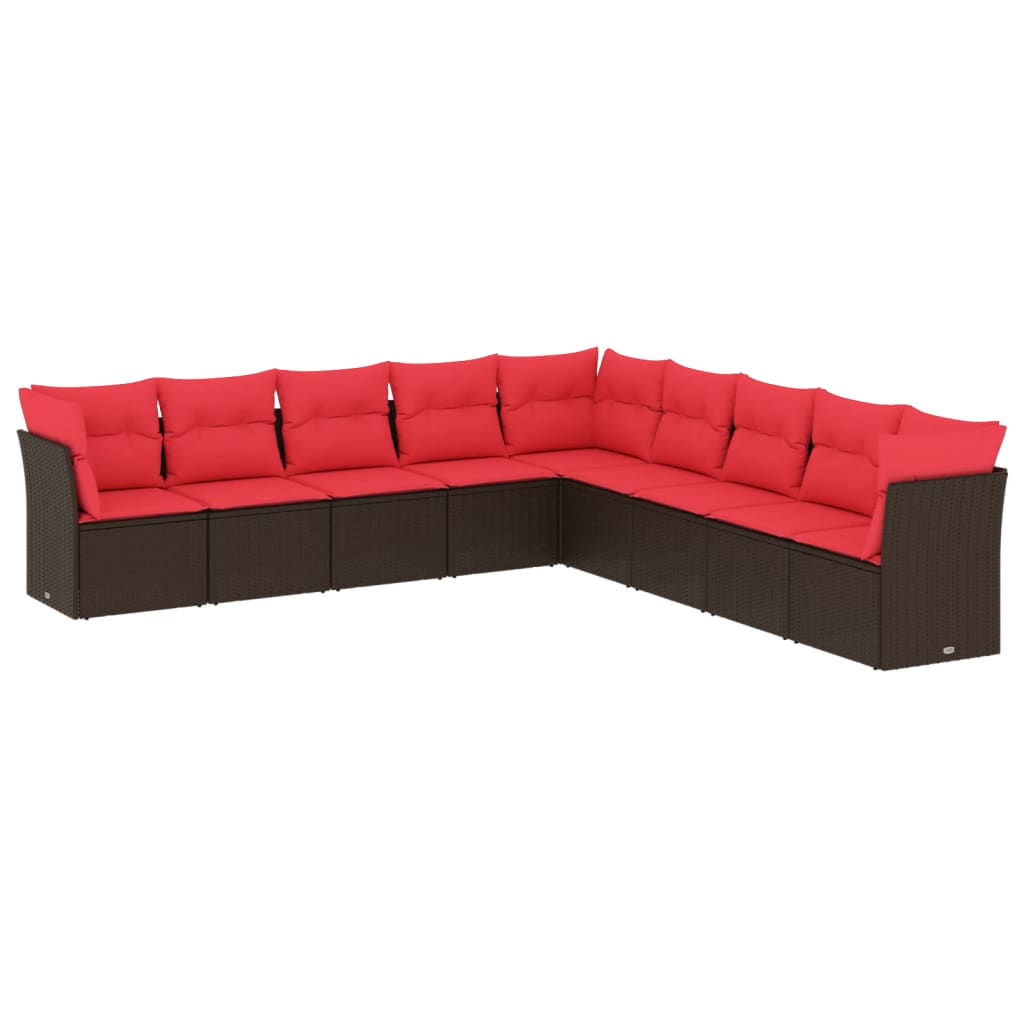 9 Piece Garden Sofa Set with Cushions Brown Poly Rattan