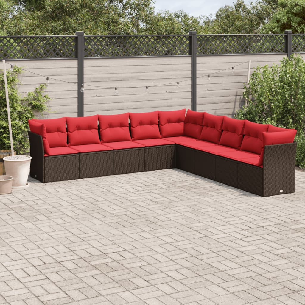 9 Piece Garden Sofa Set with Cushions Brown Poly Rattan