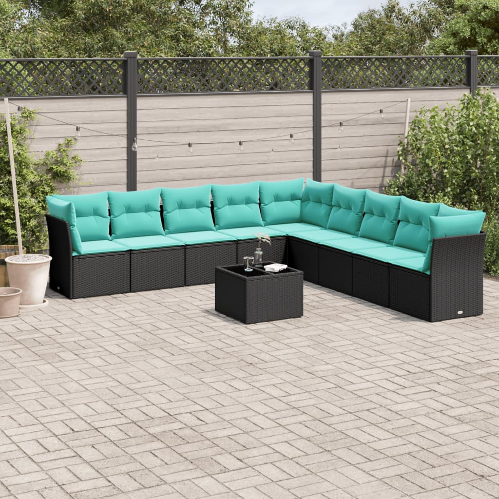 10 Piece Garden Sofa Set with Cushions Black Poly Rattan