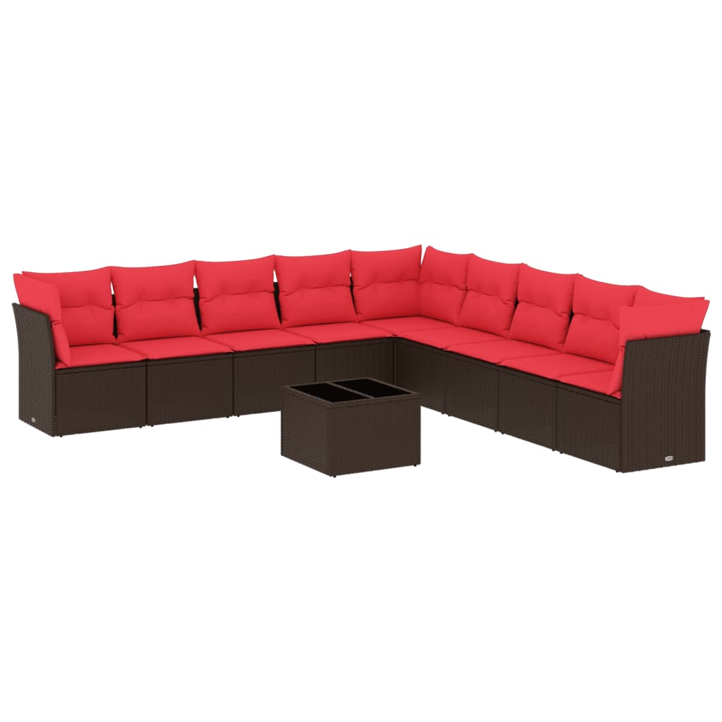 10 Piece Garden Sofa Set with Cushions Brown Poly Rattan