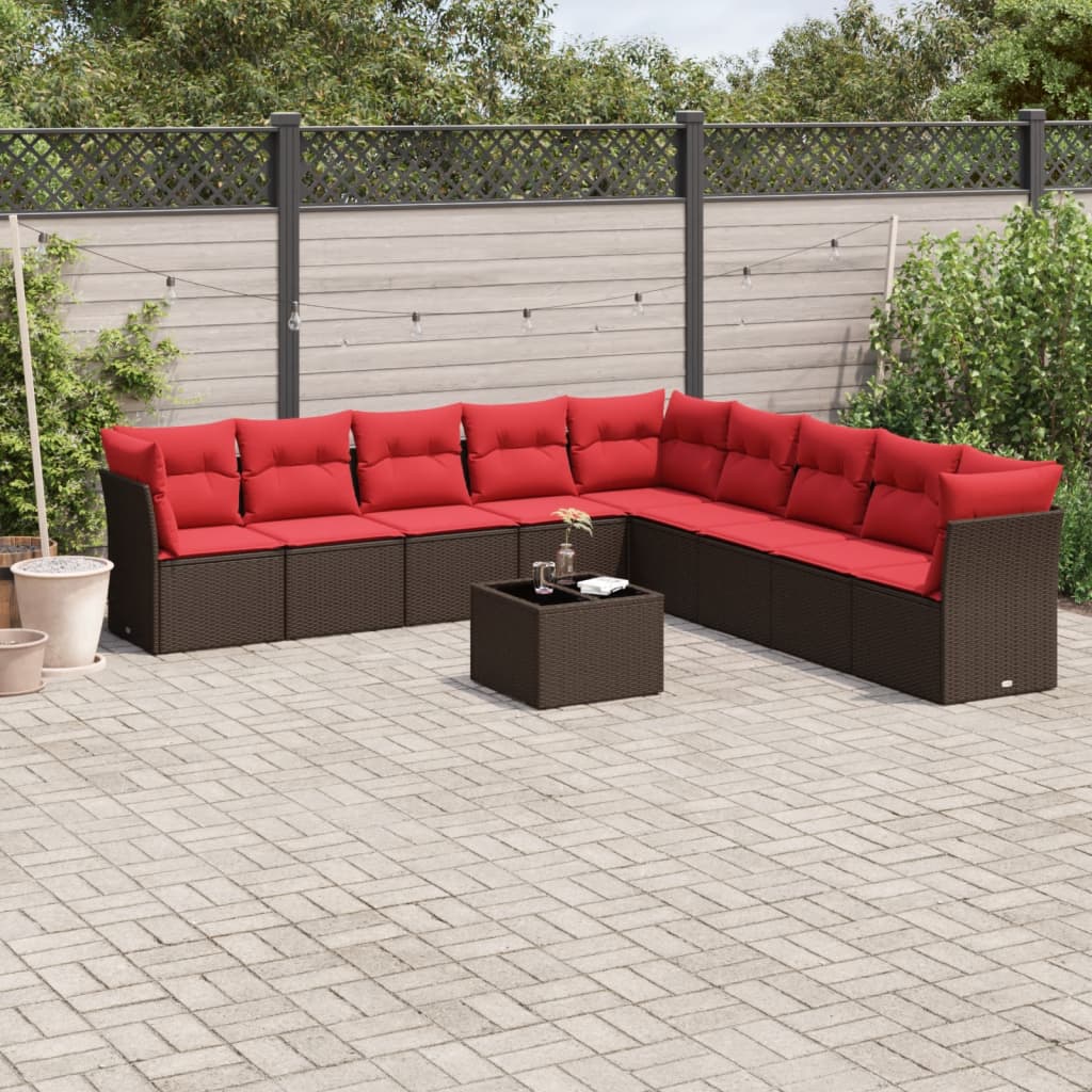 10 Piece Garden Sofa Set with Cushions Brown Poly Rattan
