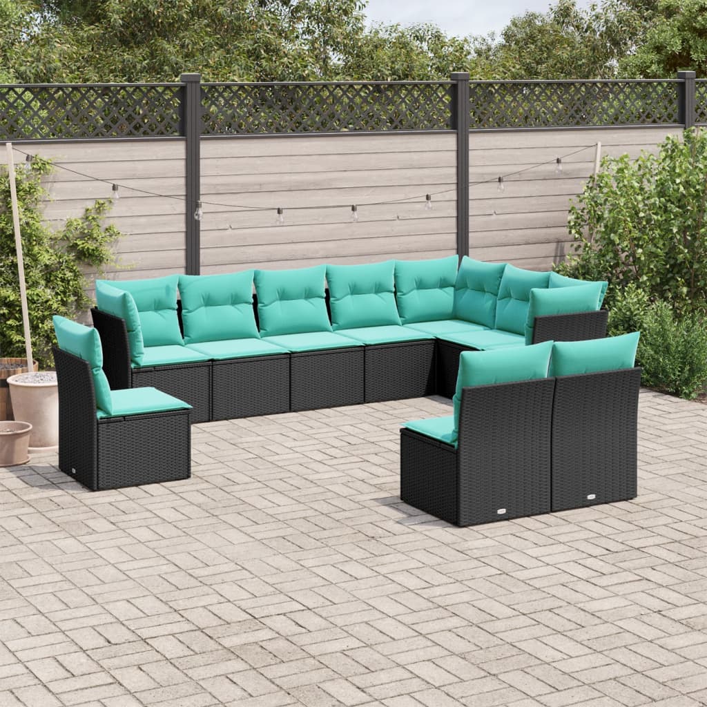 10 Piece Garden Sofa Set with Cushions Black Poly Rattan