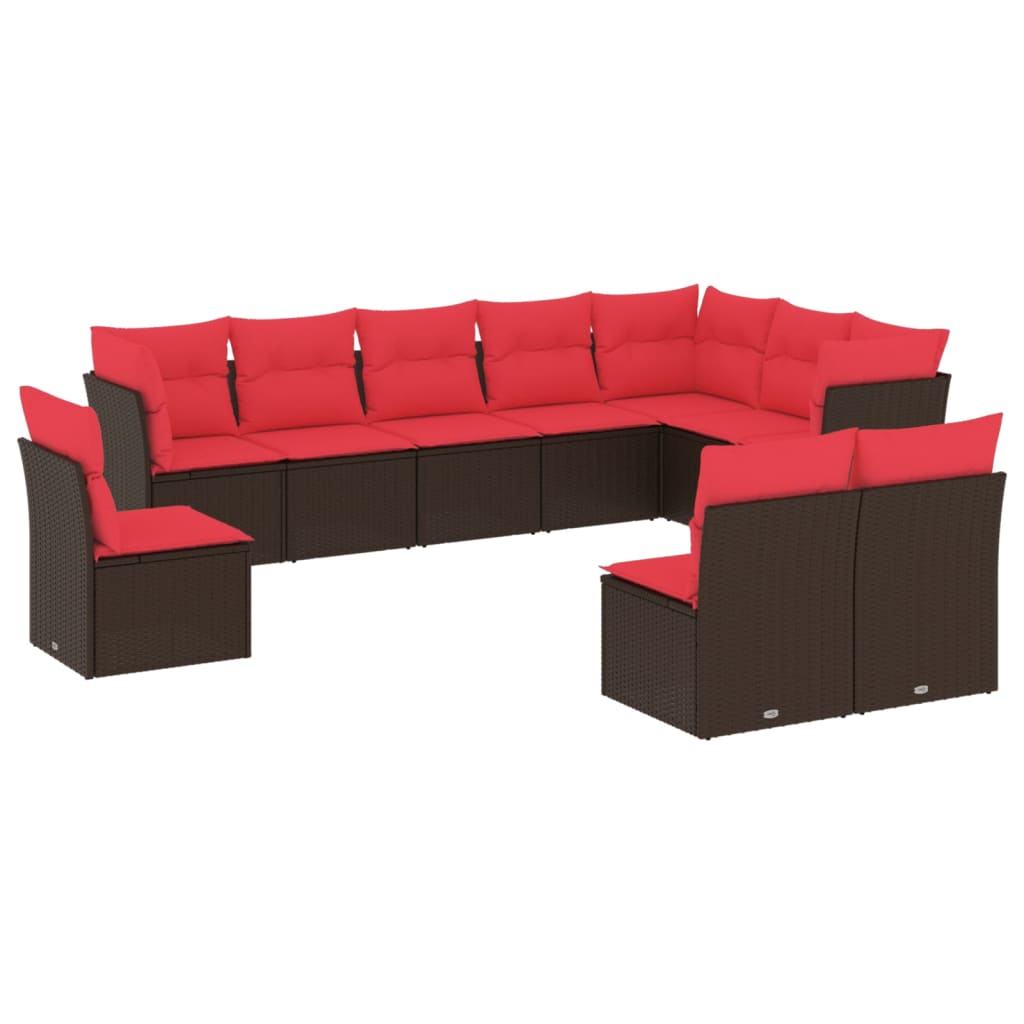 10 Piece Garden Sofa Set with Cushions Brown Poly Rattan
