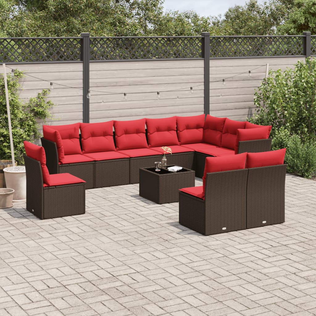 11 Piece Garden Sofa Set with Cushions Brown Poly Rattan