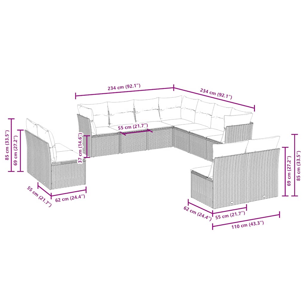11 Piece Garden Sofa Set with Cushions Light Grey Poly Rattan