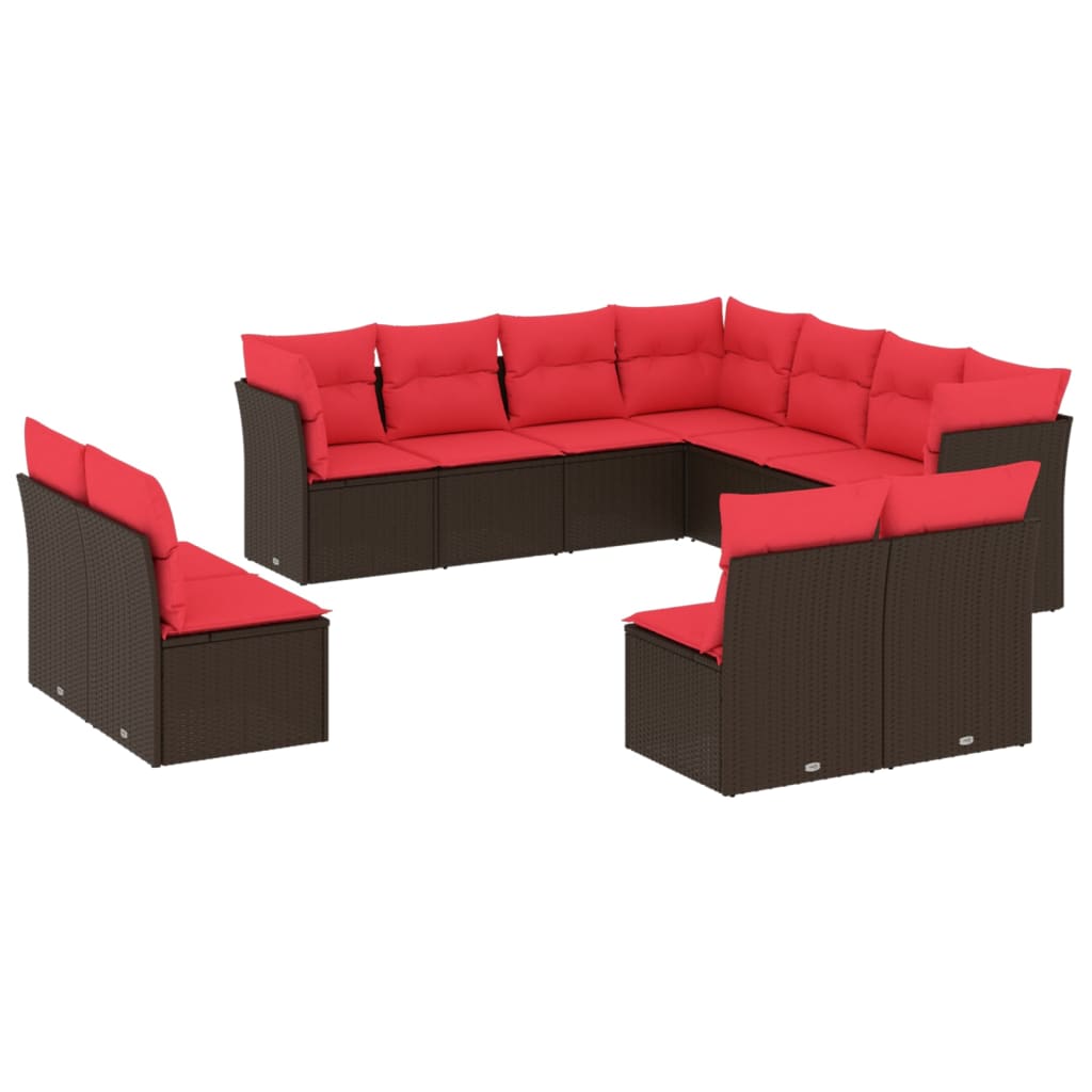11 Piece Garden Sofa Set with Cushions Brown Poly Rattan