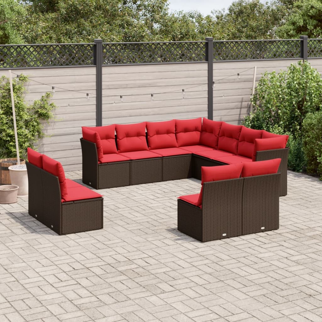 11 Piece Garden Sofa Set with Cushions Brown Poly Rattan
