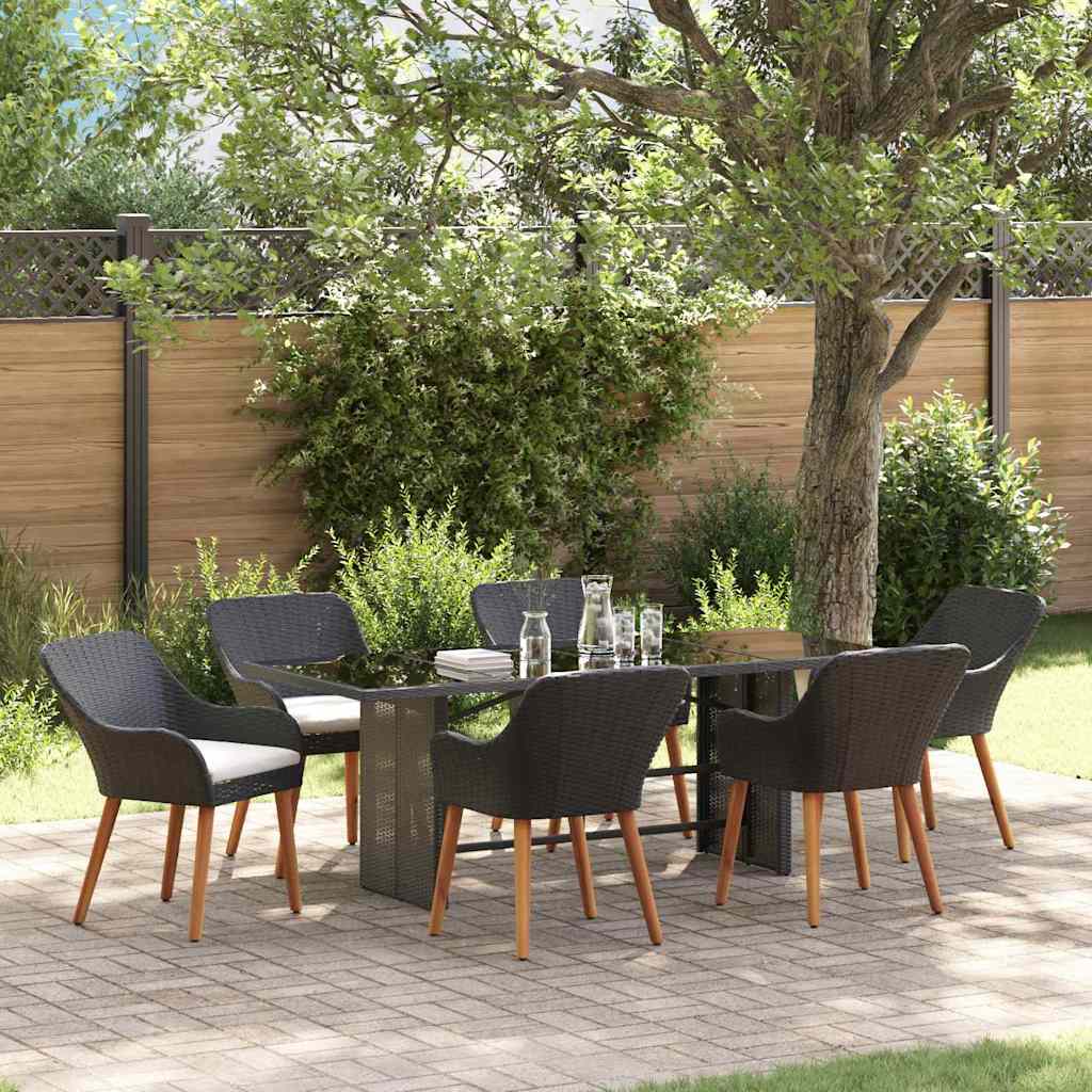 Garden Dining Set with Cushion 7 pcs Black Poly Rattan