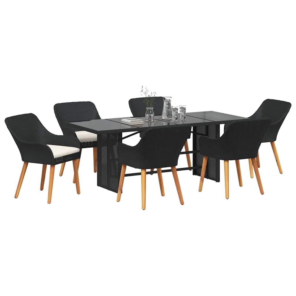 Garden Dining Set with Cushion 7 pcs Black Poly Rattan