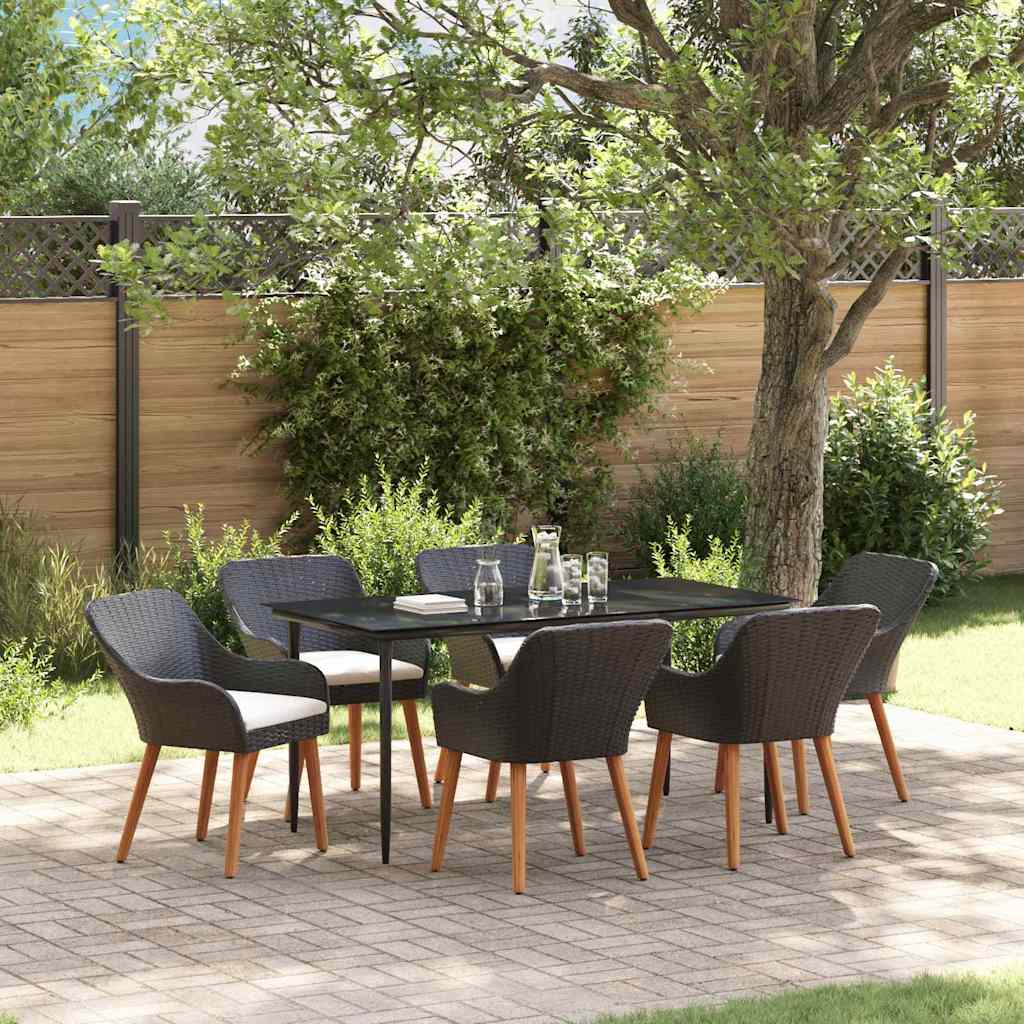 Garden Dining Set with Cushion 7 pcs Black Poly Rattan