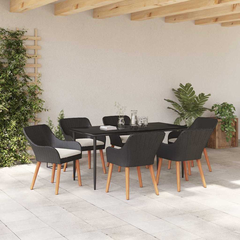 Garden Dining Set with Cushion 7 pcs Black Poly Rattan