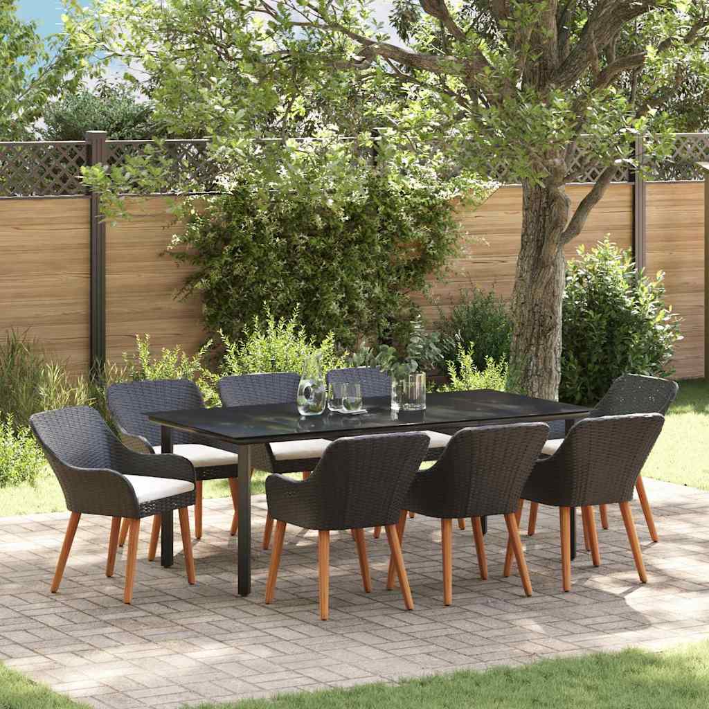 Garden Dining Set with Cushion 9 pcs Black Poly Rattan