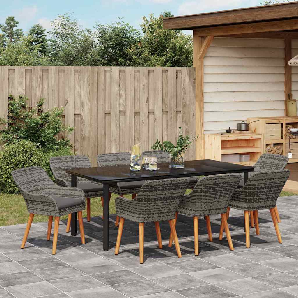 Garden Dining Set with Cushion 9 pcs Grey Poly Rattan
