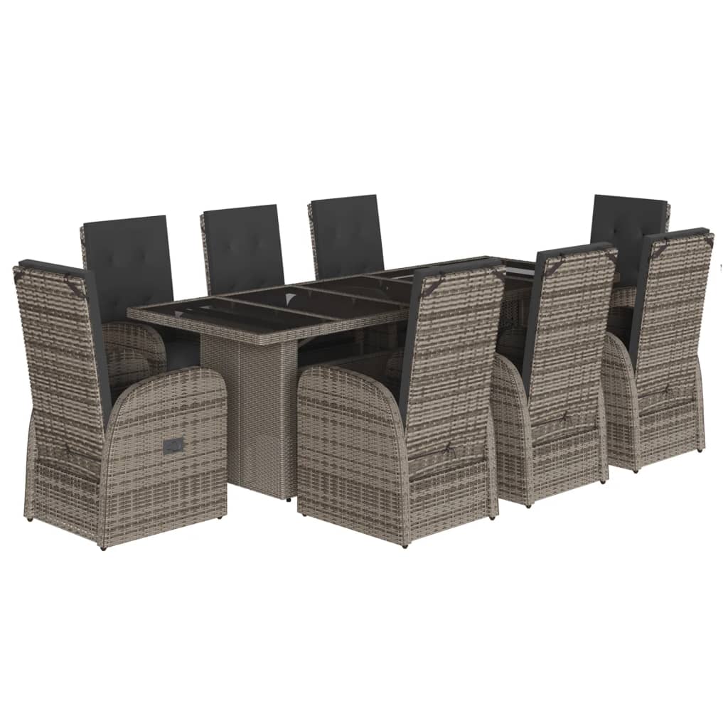 9 Piece Garden Dining Set with Cushions Grey Poly Rattan