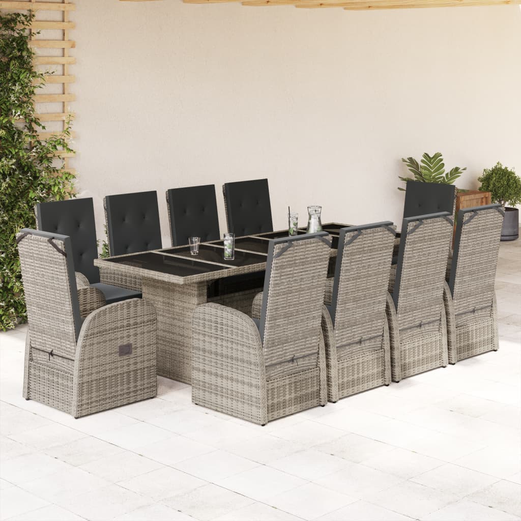 11 Piece Garden Dining Set with Cushions Grey Poly Rattan