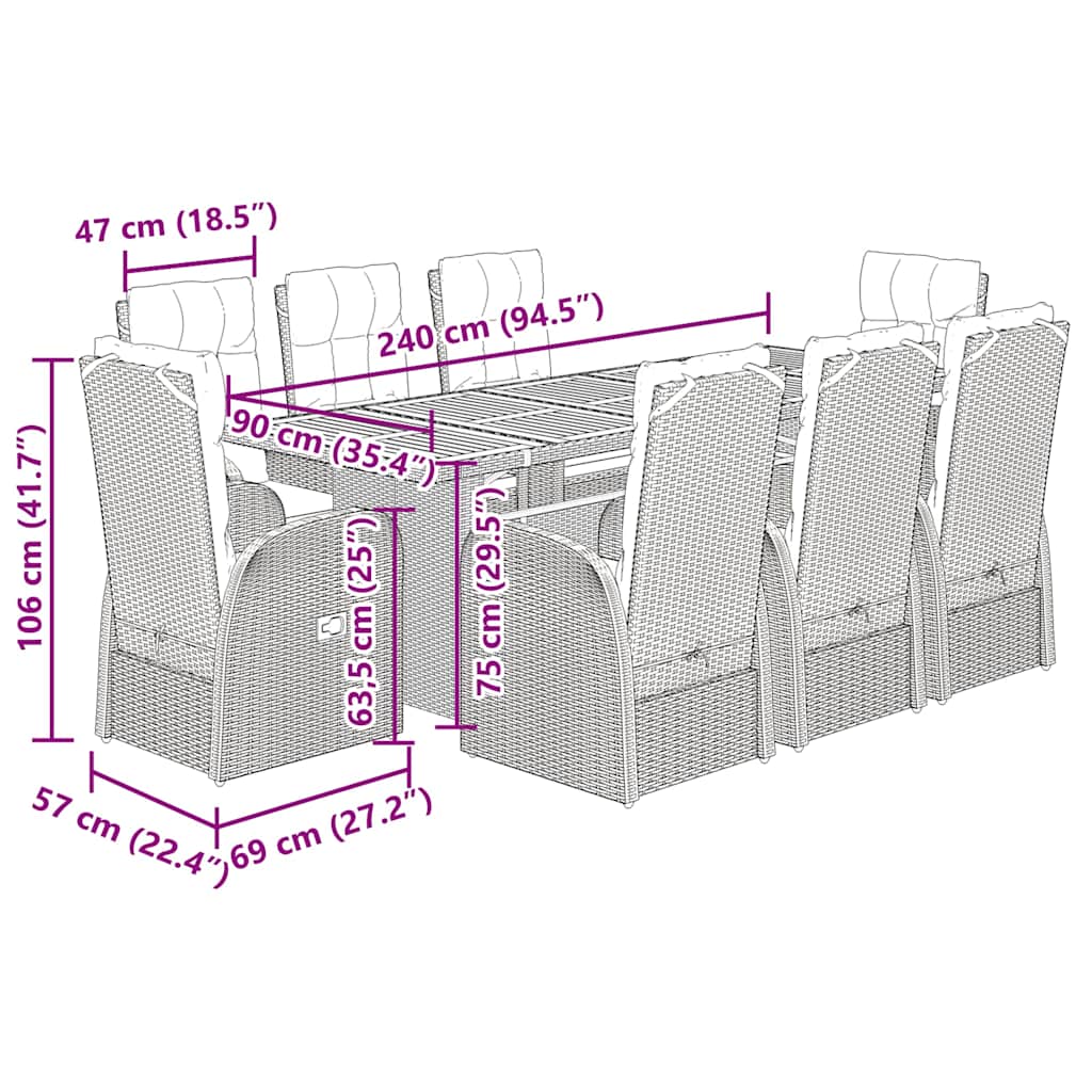 9 Piece Garden Dining Set with Cushions Black Poly Rattan