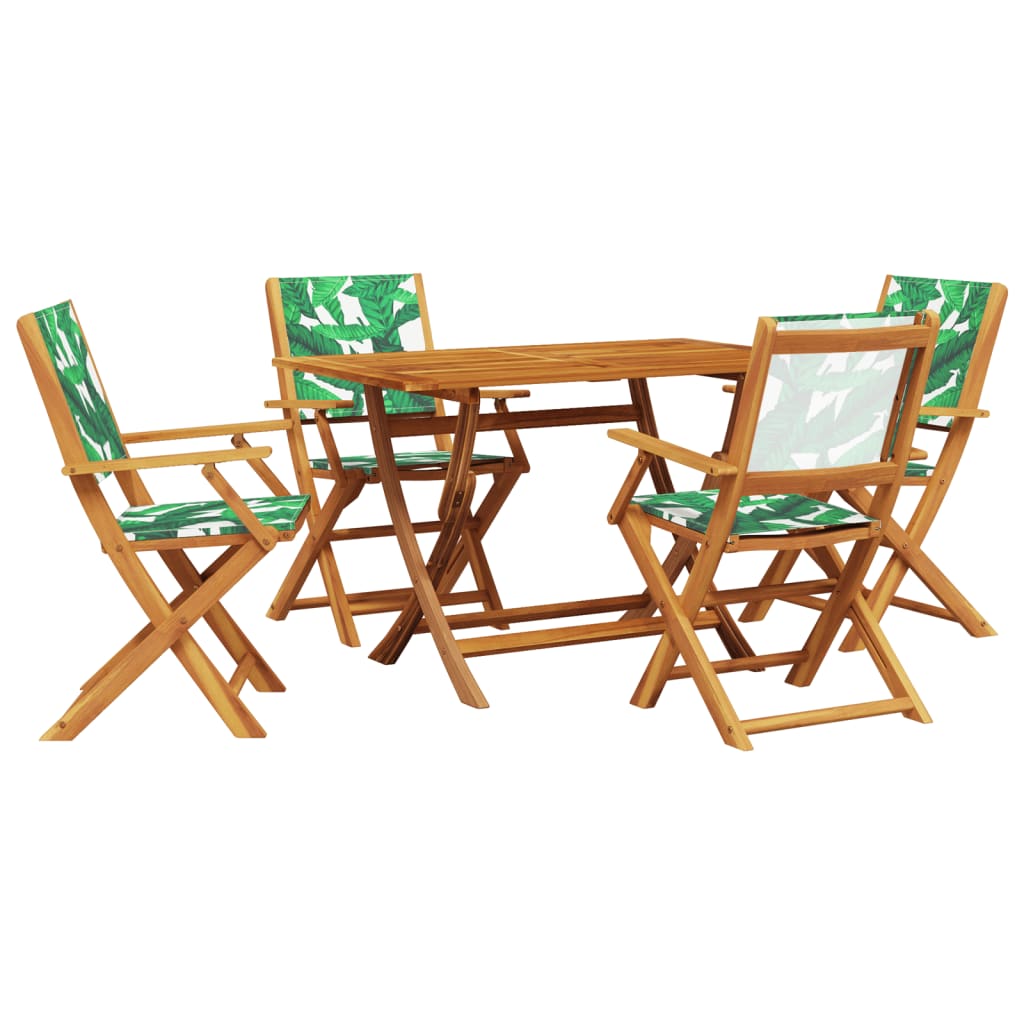 5 Piece Garden Dining Set Leaf Pattern Fabric and Solid Wood