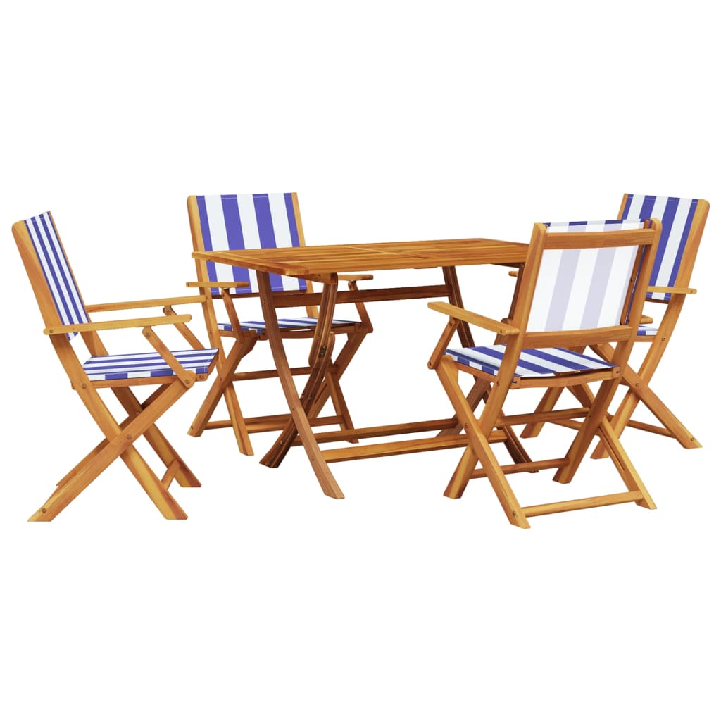 5 Piece Garden Dining Set Blue and White Fabric and Solid Wood
