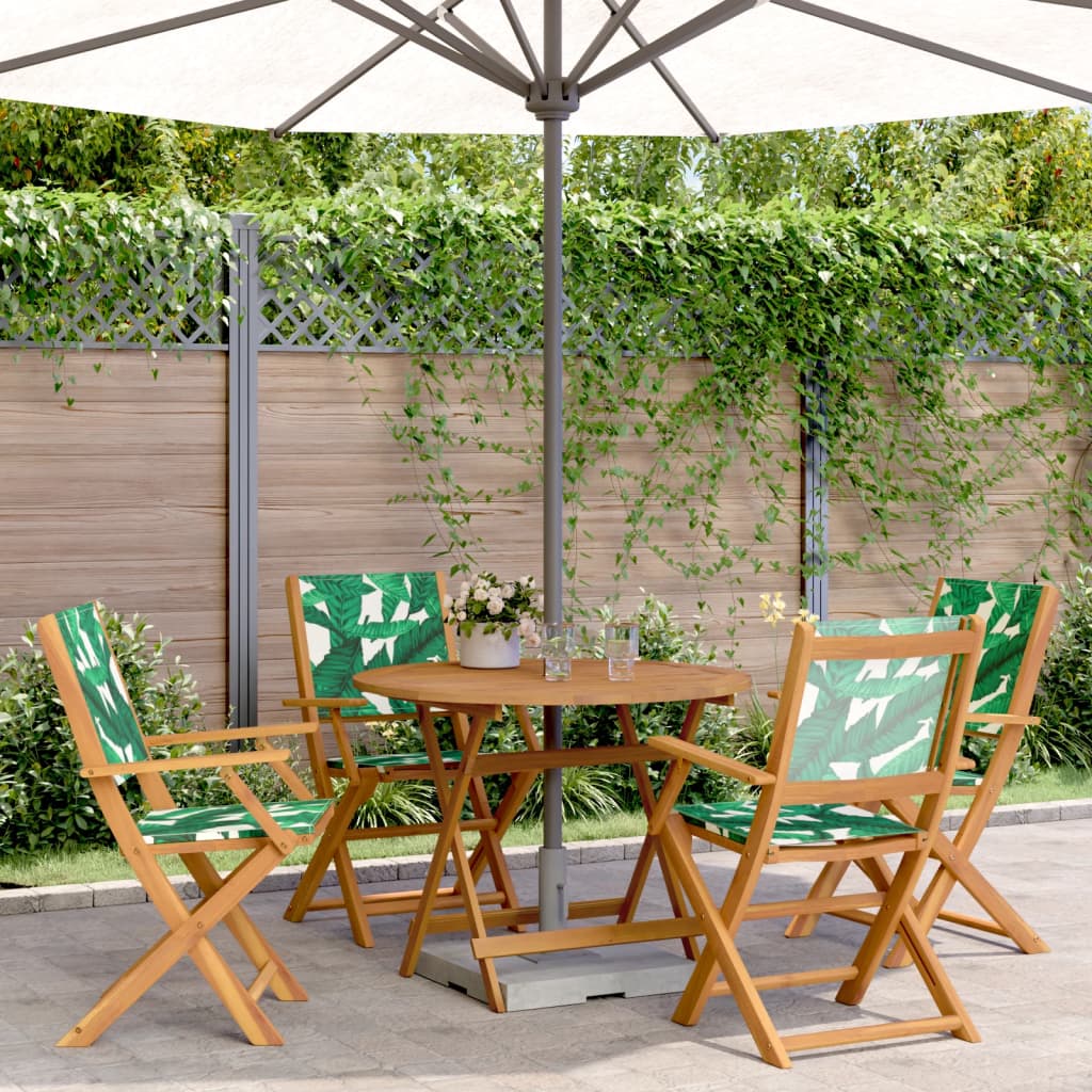 5 Piece Garden Dining Set Leaf Pattern Fabric and Solid Wood