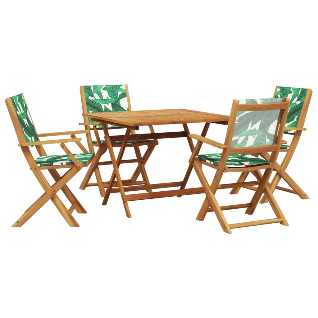 5 Piece Garden Dining Set Leaf Pattern Fabric and Solid Wood