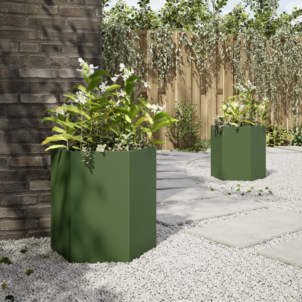 Garden Planter 2 pcs Olive Green Hexagon 46x40x45 cm Steel