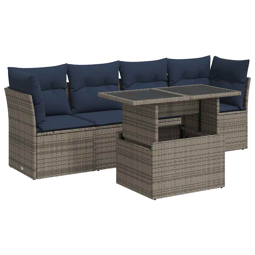 5 Piece Garden Sofa Set with Cushions Grey Poly Rattan Acacia