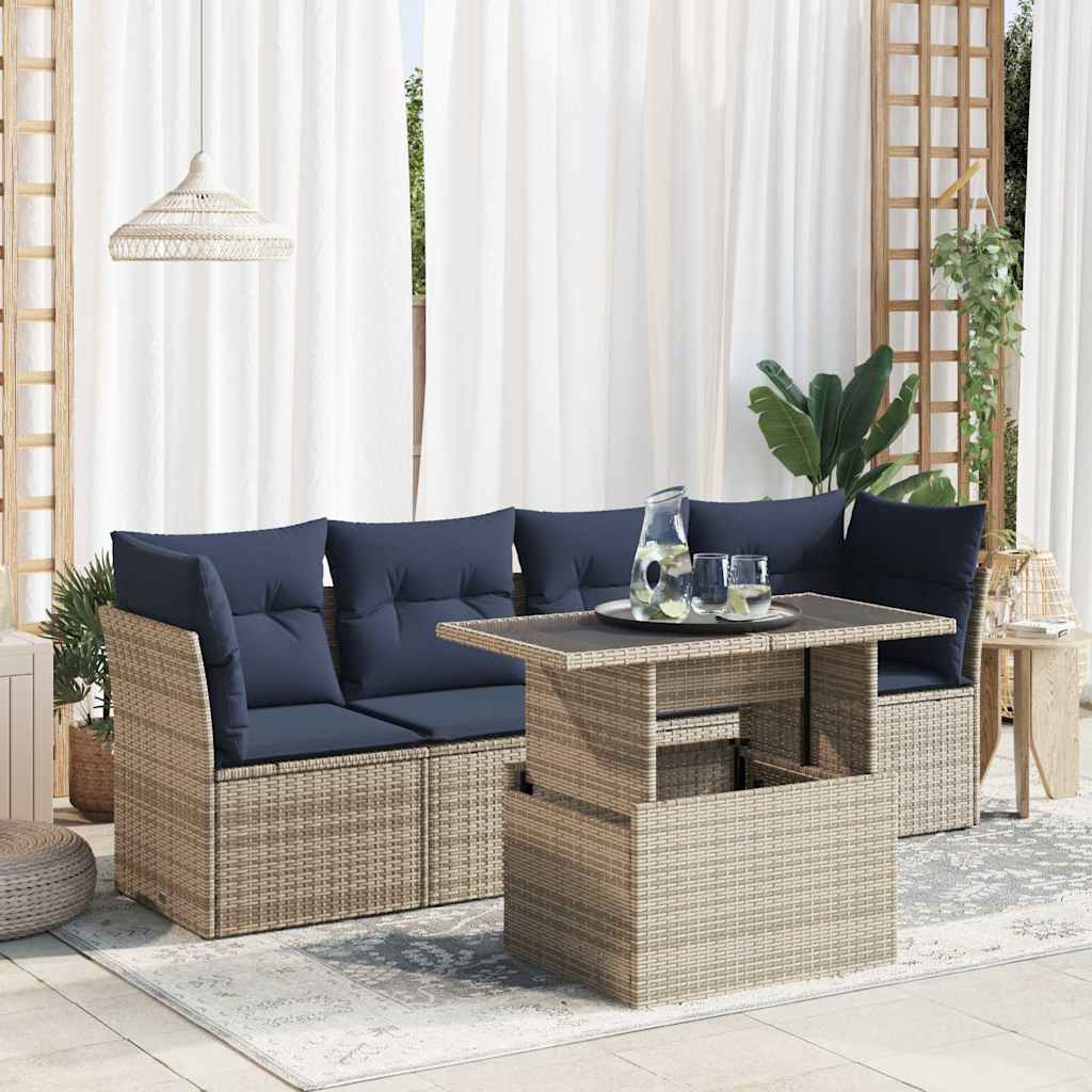 5 Piece Garden Sofa Set with Cushions Grey Poly Rattan Acacia