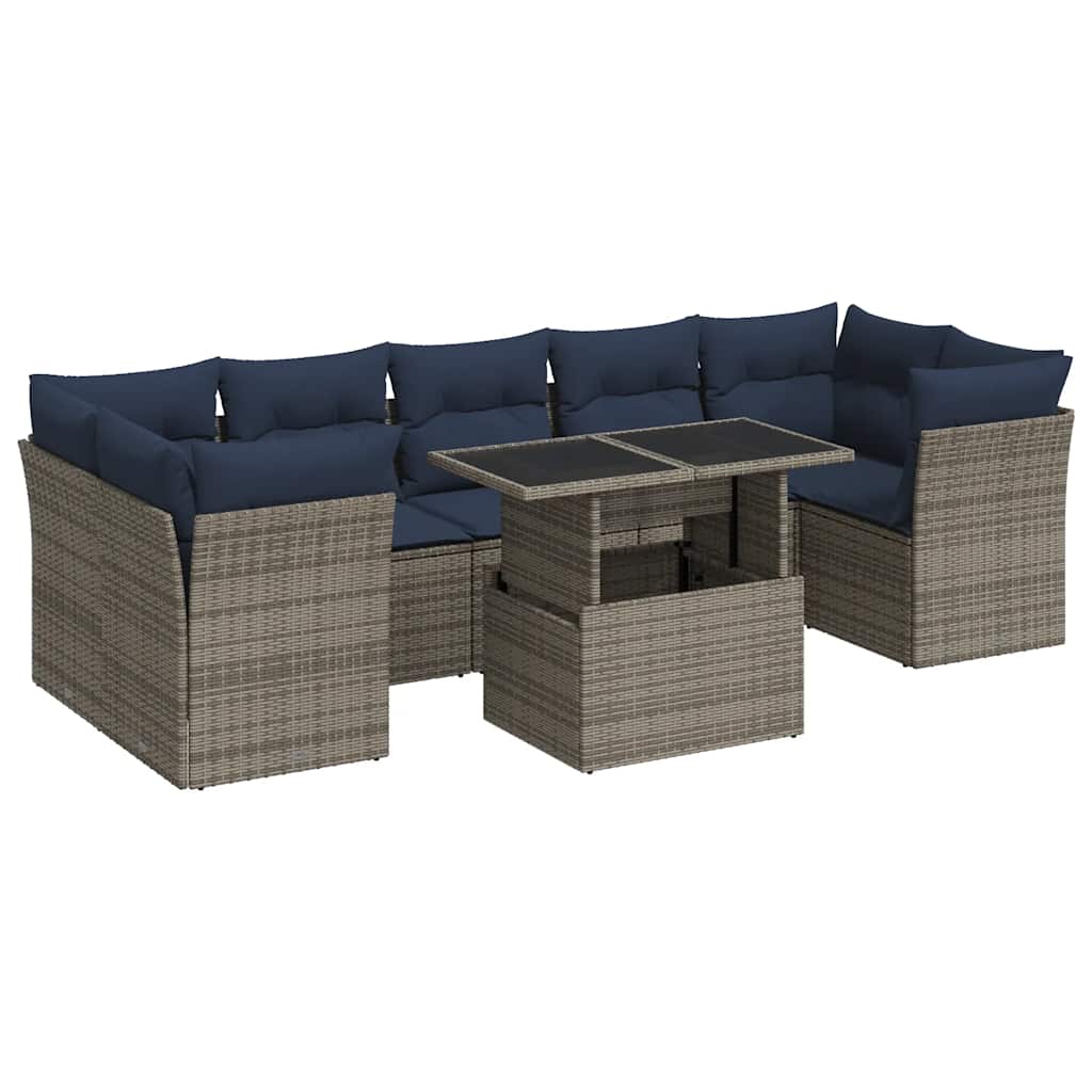 8 Piece Garden Sofa Set with Cushions Grey Poly Rattan Acacia