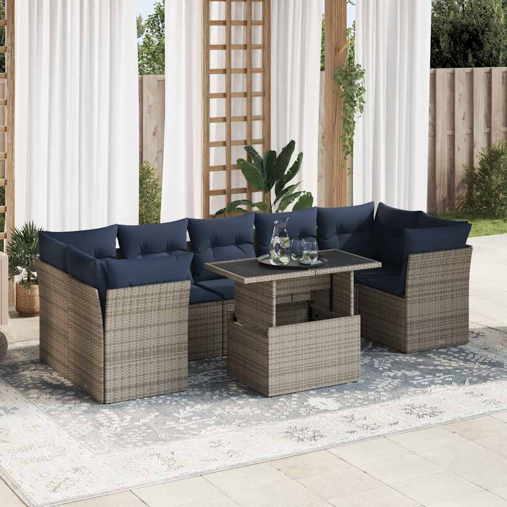 8 Piece Garden Sofa Set with Cushions Grey Poly Rattan Acacia
