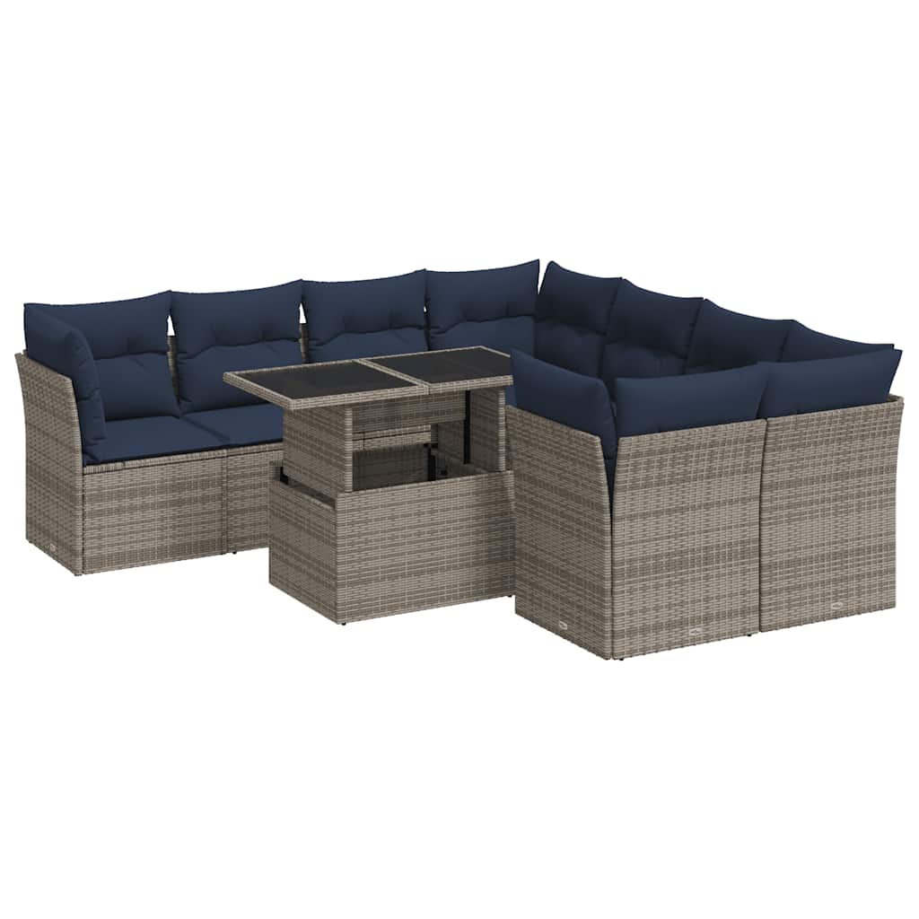 9 Piece Garden Sofa Set with Cushions Grey Poly Rattan Acacia