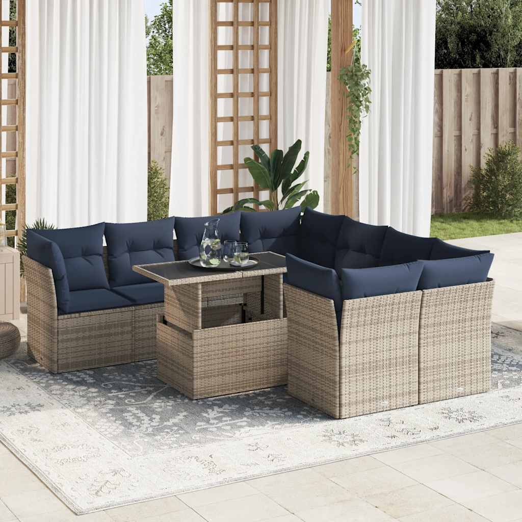 9 Piece Garden Sofa Set with Cushions Grey Poly Rattan Acacia