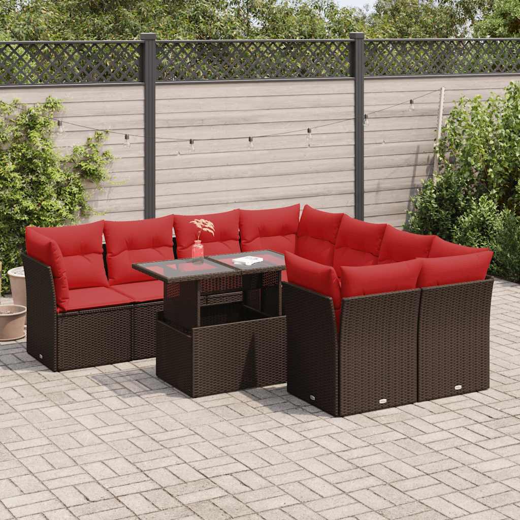 9 Piece Garden Sofa Set with Cushions Brown Poly Rattan Acacia