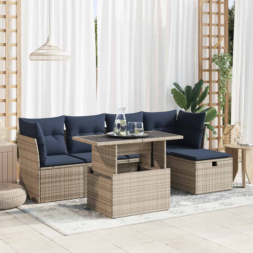 6 Piece Garden Sofa Set with Cushions Grey Poly Rattan Acacia