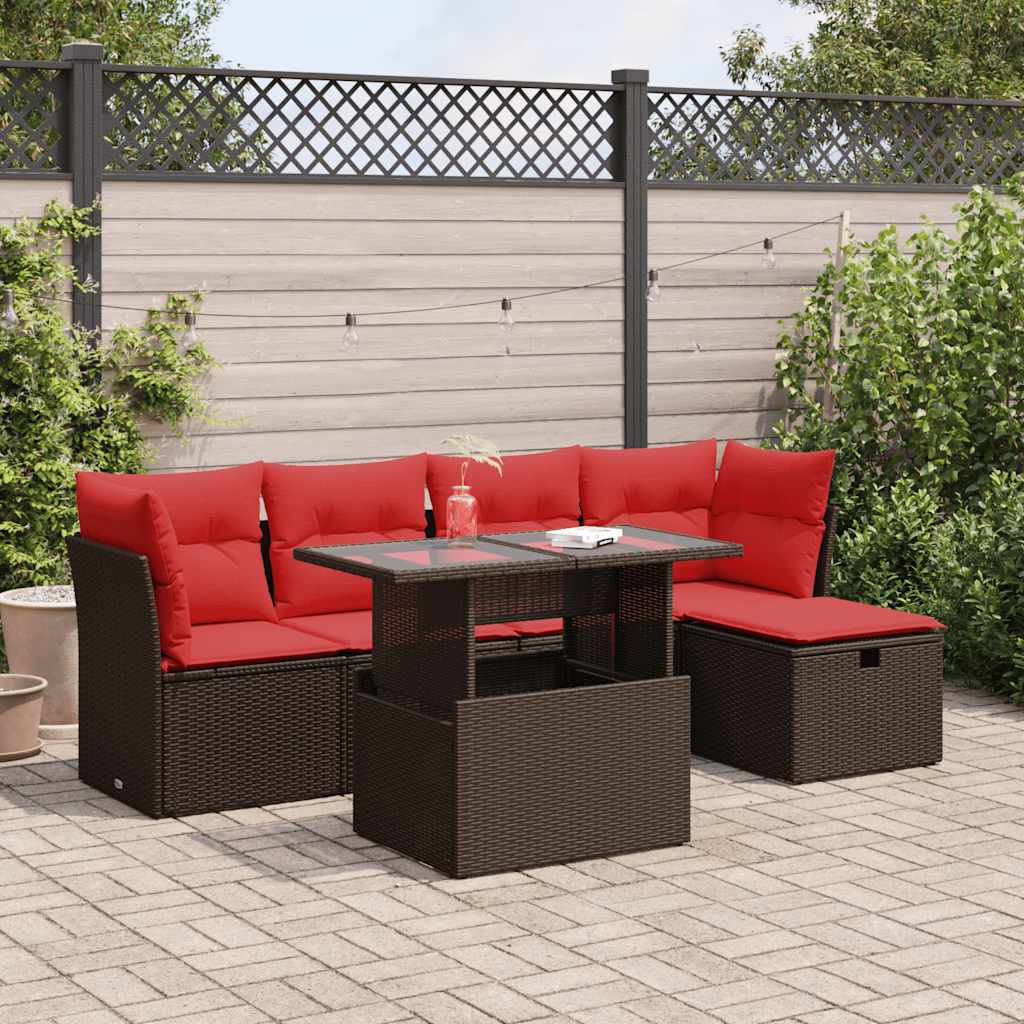6 Piece Garden Sofa Set with Cushions Brown Poly Rattan Acacia