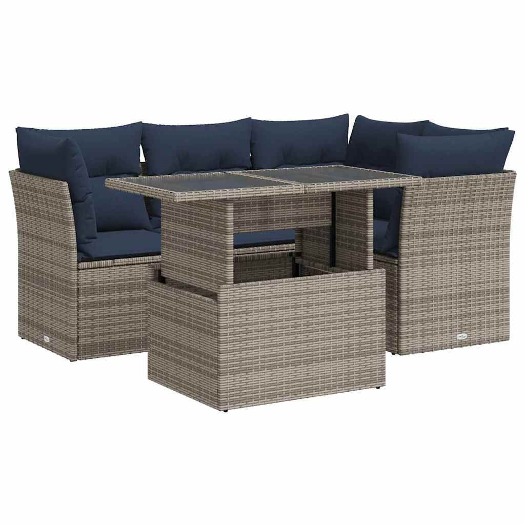 5 Piece Garden Sofa Set with Cushions Grey Poly Rattan Acacia