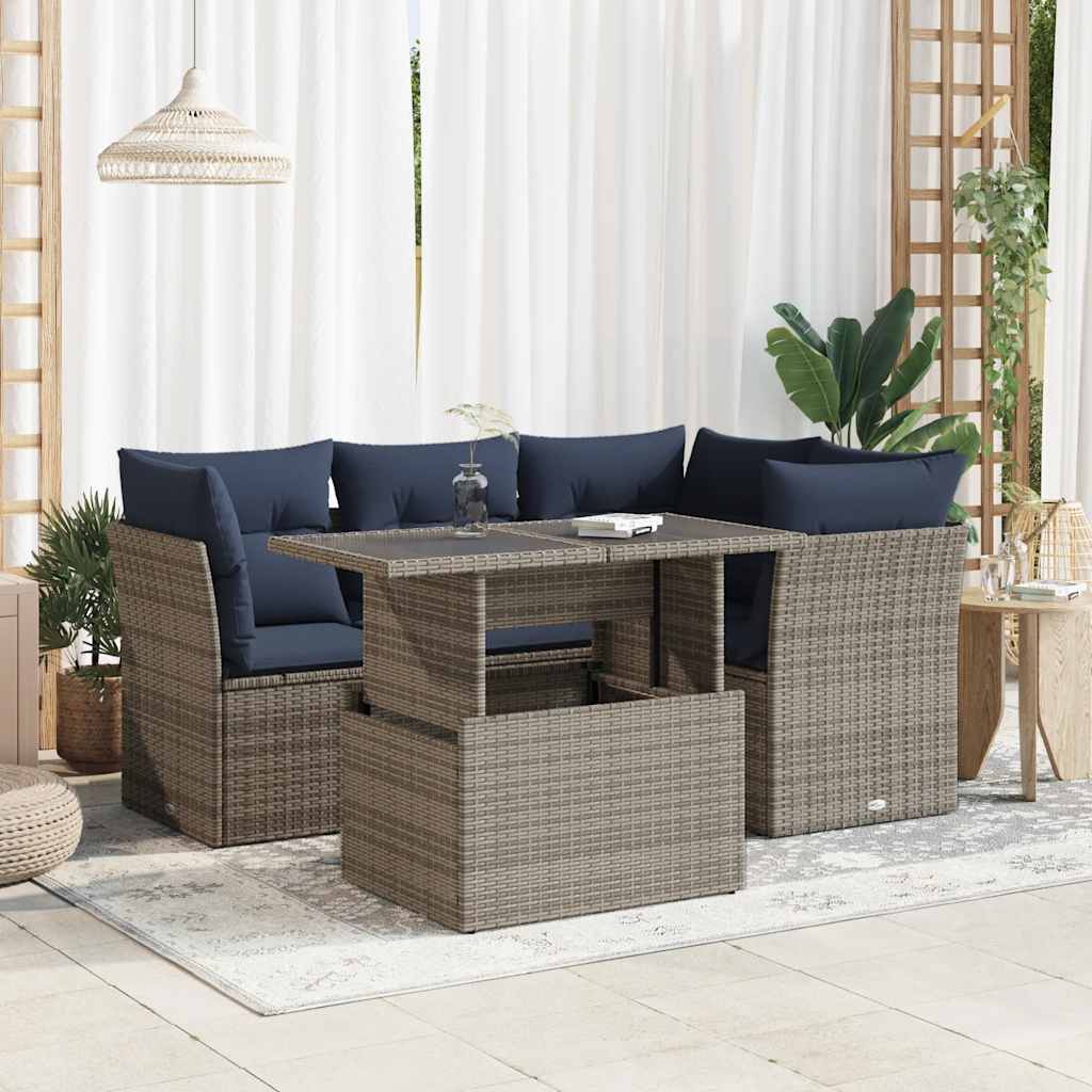 5 Piece Garden Sofa Set with Cushions Grey Poly Rattan Acacia