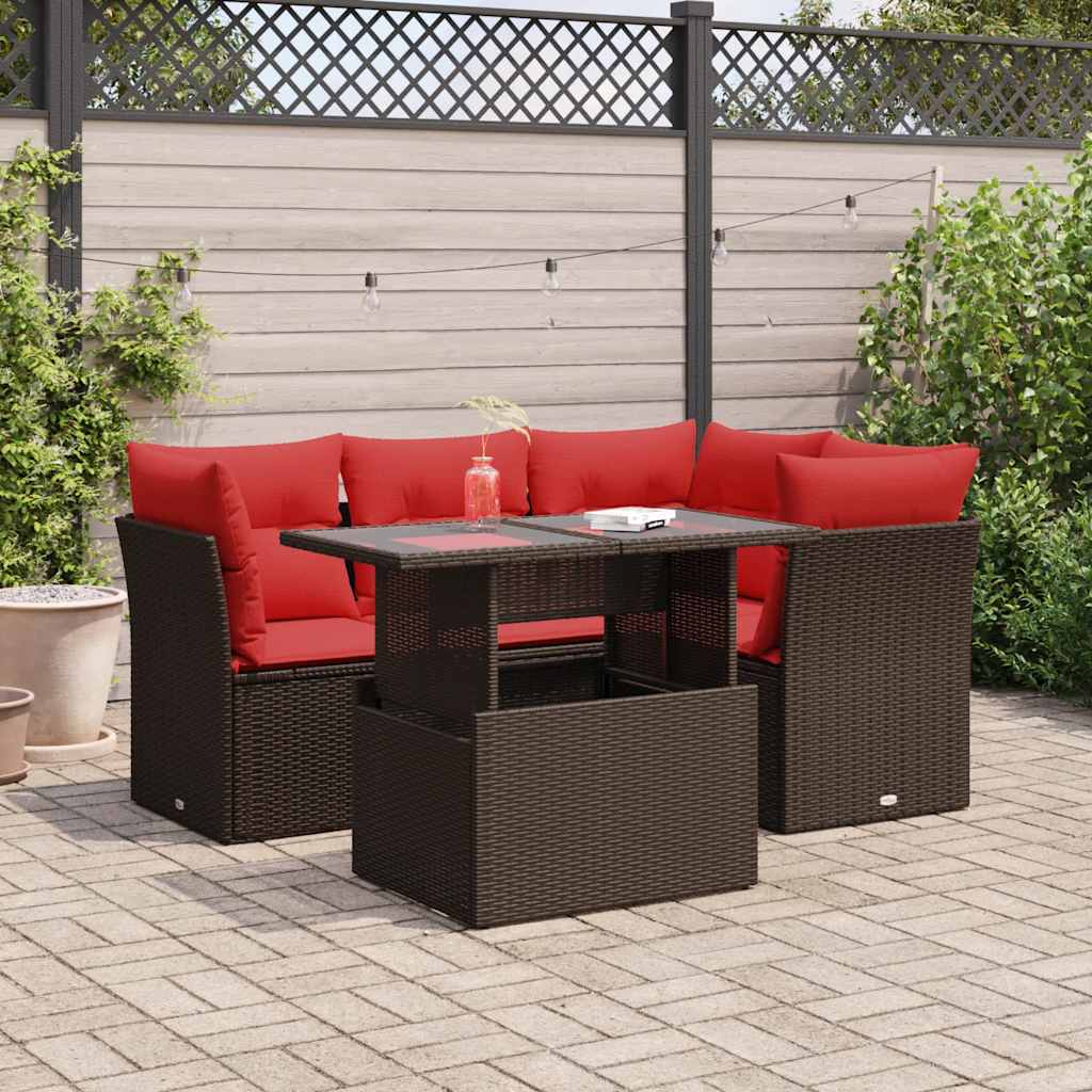 5 Piece Garden Sofa Set with Cushions Brown Poly Rattan Acacia