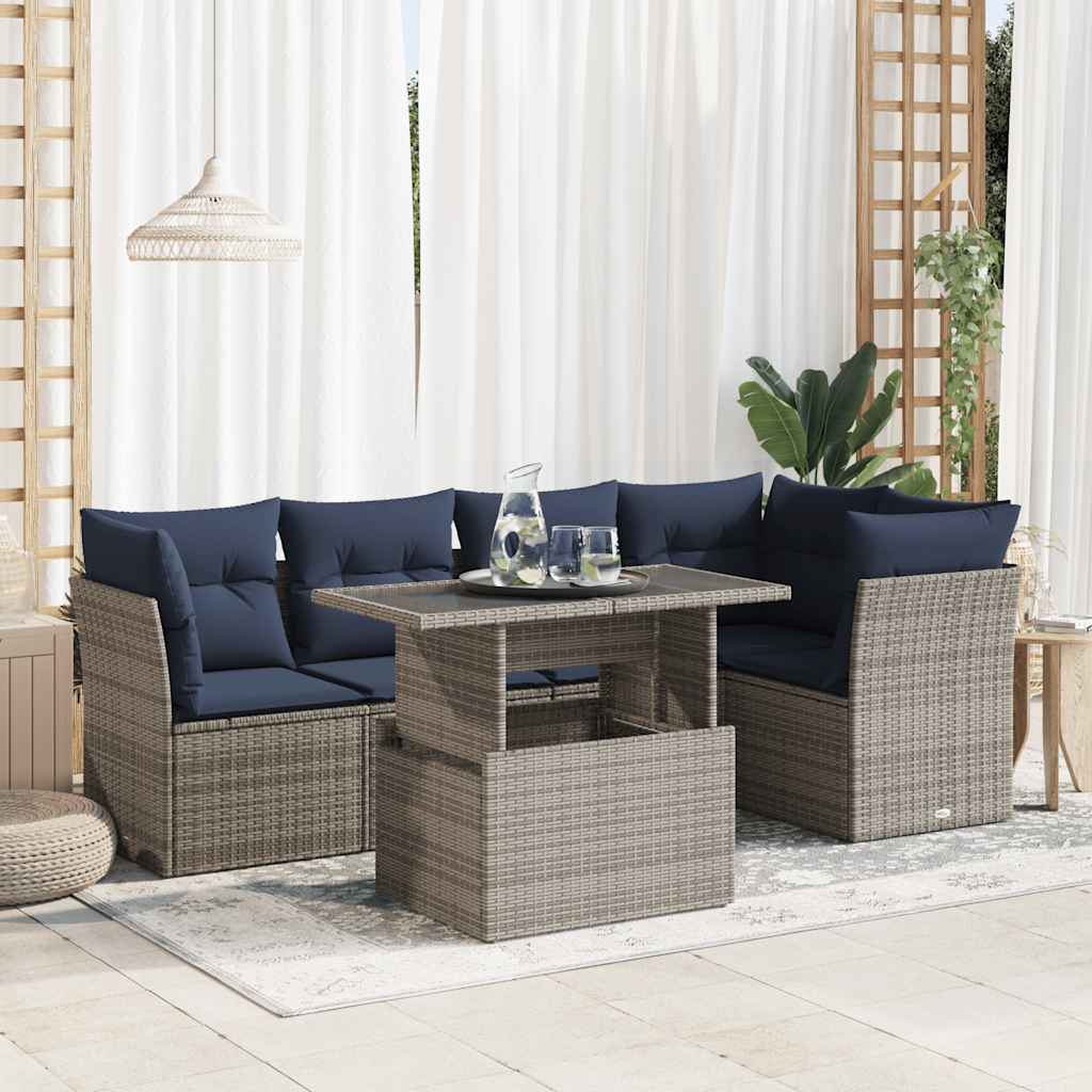 6 Piece Garden Sofa Set with Cushions Grey Poly Rattan Acacia