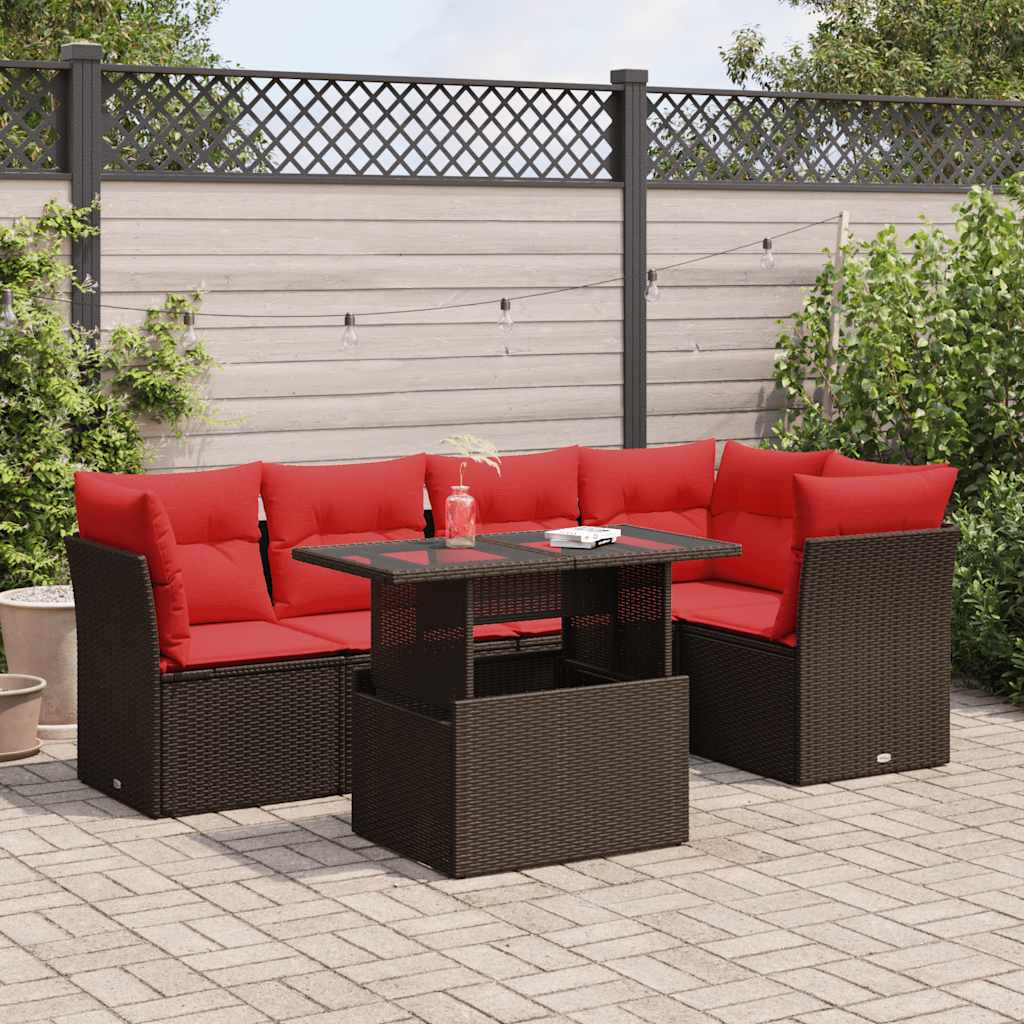 6 Piece Garden Sofa Set with Cushions Brown Poly Rattan Acacia