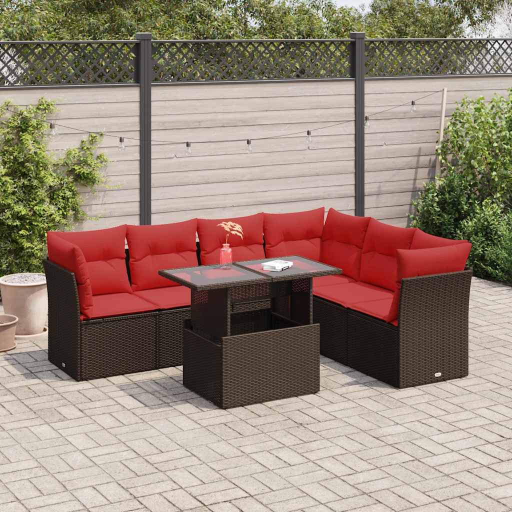 7 Piece Garden Sofa Set with Cushions Brown Poly Rattan Acacia