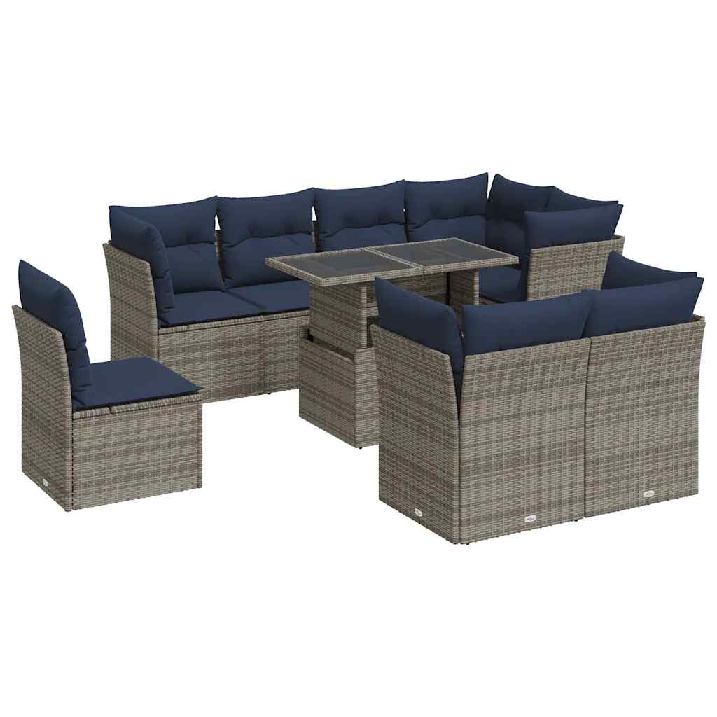 9 Piece Garden Sofa Set with Cushions Grey Poly Rattan Acacia