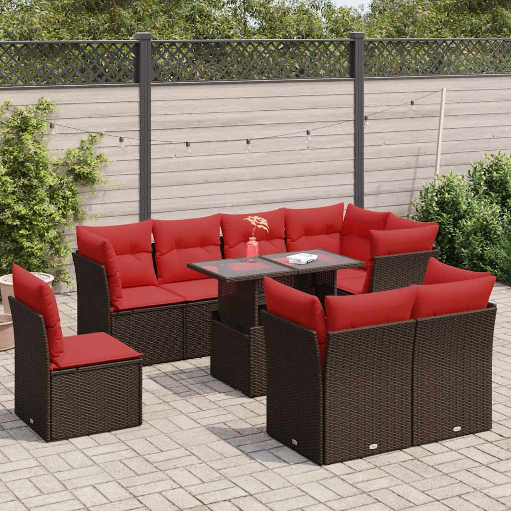 9 Piece Garden Sofa Set with Cushions Brown Poly Rattan Acacia