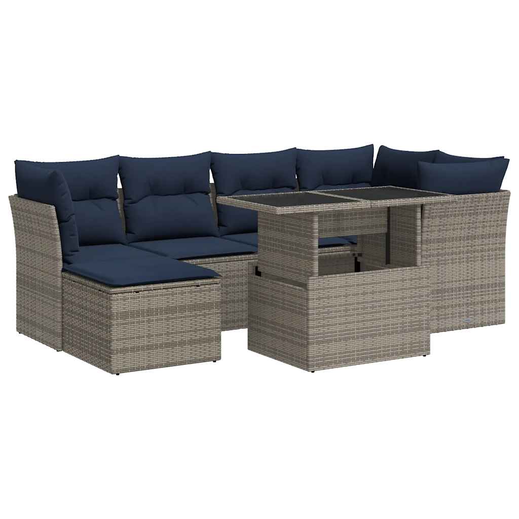 7 Piece Garden Sofa Set with Cushions Grey Poly Rattan Acacia
