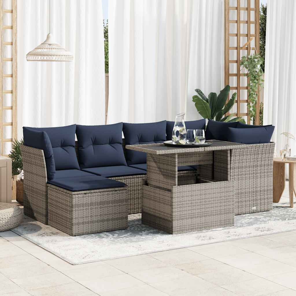 7 Piece Garden Sofa Set with Cushions Grey Poly Rattan Acacia