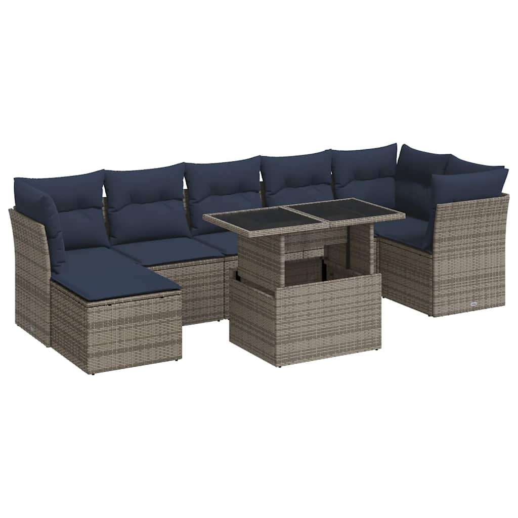 8 Piece Garden Sofa Set with Cushions Grey Poly Rattan Acacia