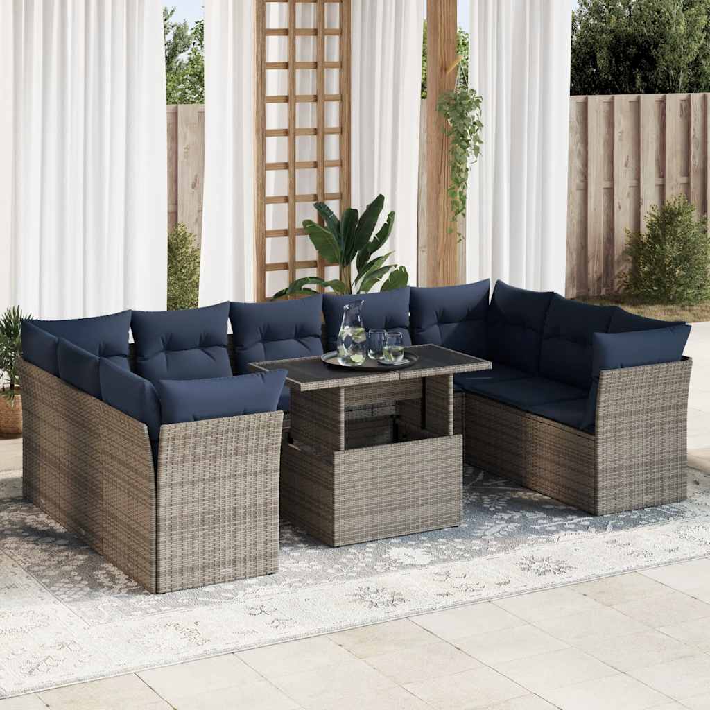 10 Piece Garden Sofa Set with Cushions Grey Poly Rattan Acacia
