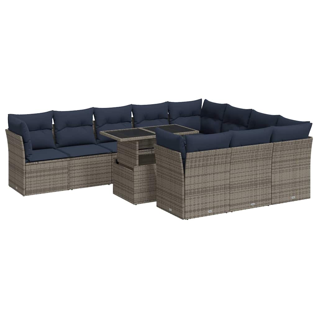 11 Piece Garden Sofa Set with Cushions Grey Poly Rattan Acacia