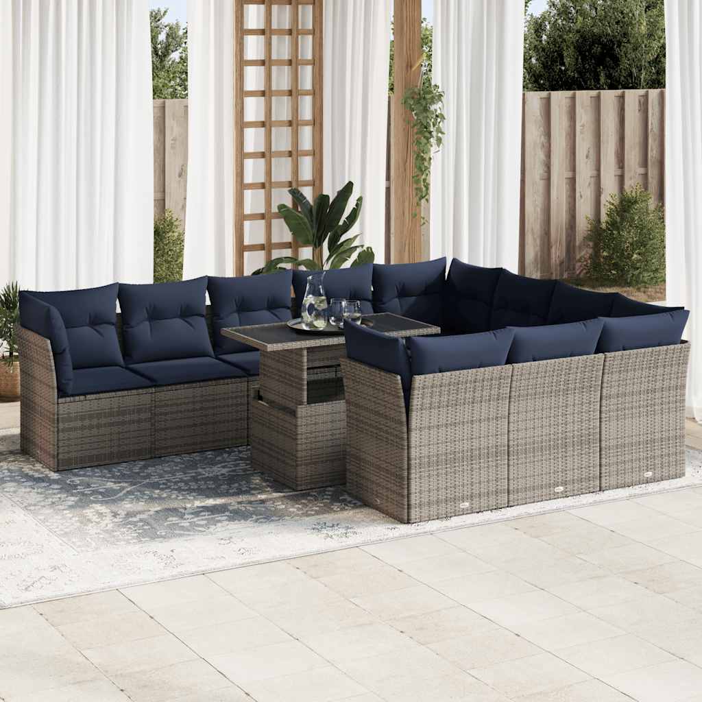 11 Piece Garden Sofa Set with Cushions Grey Poly Rattan Acacia